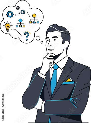 Businessman contemplating a complex problem with various ideas and solutions
