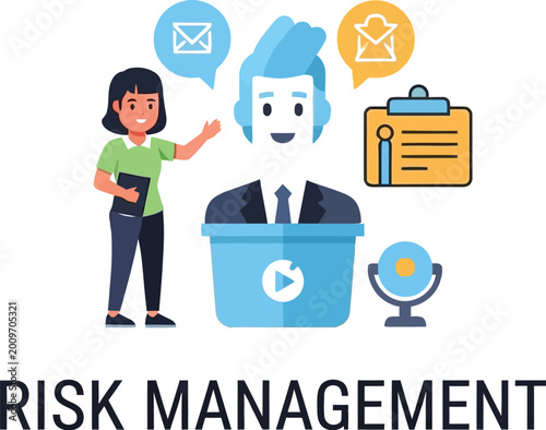 Professionals discussing risk management strategies with global communication tools nearby