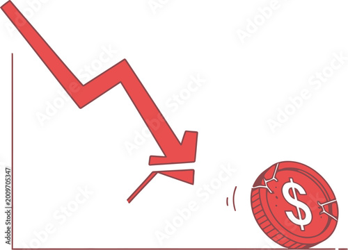 Financial graph showing decline with red arrow and falling dollar coin