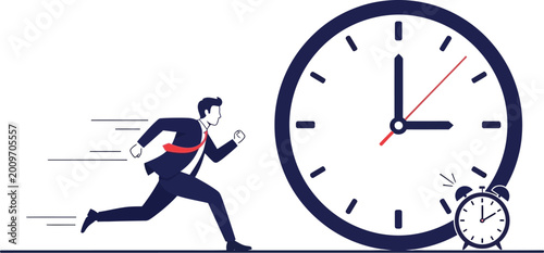 Businessman rushing to meet a deadline with a clock nearby