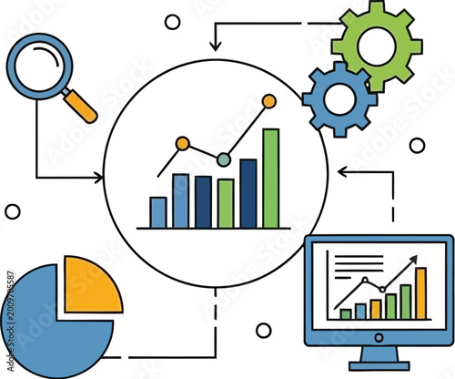 Business data analysis with charts and graphs on computer monitor display