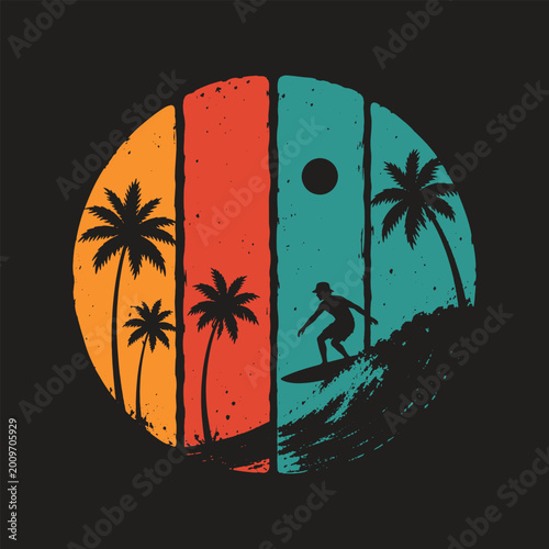 Photography Vintage surfing sunset illustration for t-shirt, poster, logo, sticker, and merc