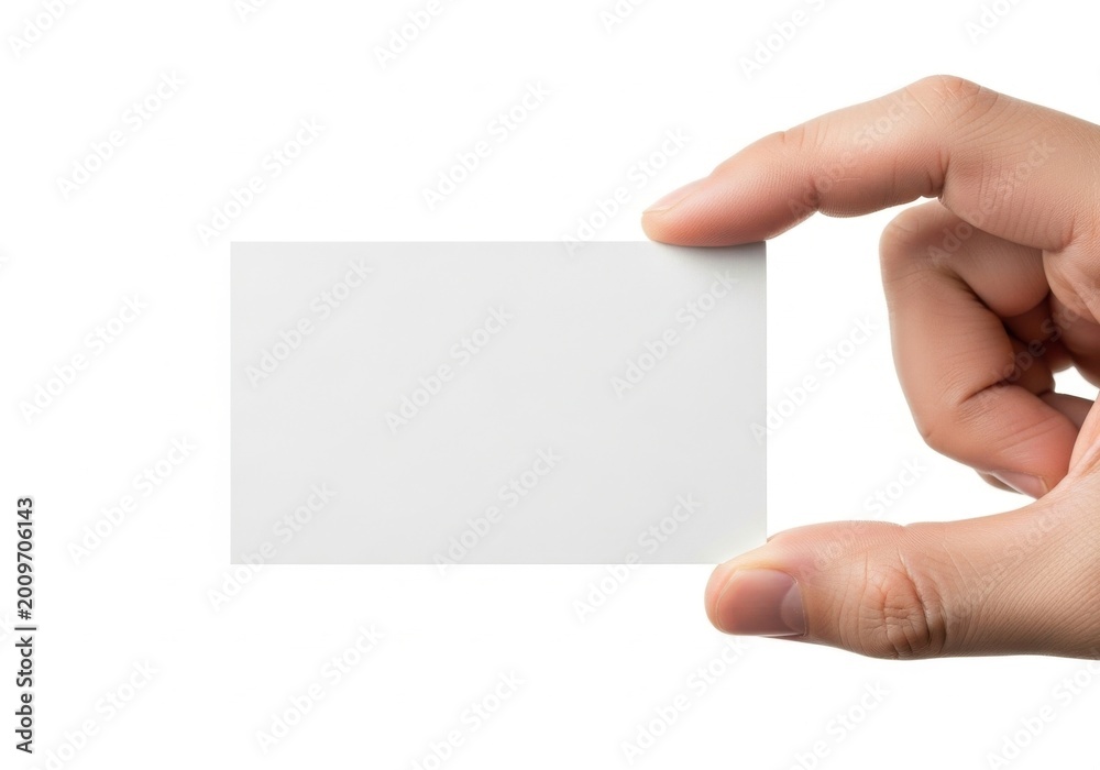 Obraz premium Hand holding a blank business card against a plain background isolated on white background
