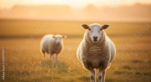 Two sheep in a field at sunset a pastoral scene