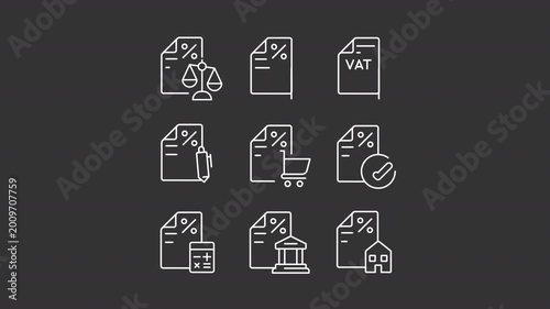 Animated tax reports white line icons. Regular payments animation set. Financial paperwork. Business accounting service. Budget. Isolated elements on dark background. Alpha channel HD video