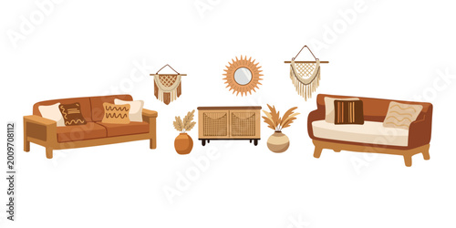 living room warm natural textures with two cozy sofas boho style
