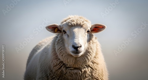 Close up portrait of a sheep with a red ear tag