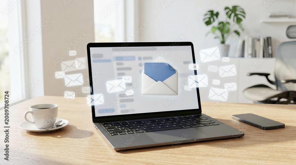 Fototapeta premium Laptop displaying email interface with envelopes flying out, symbolizing communication
