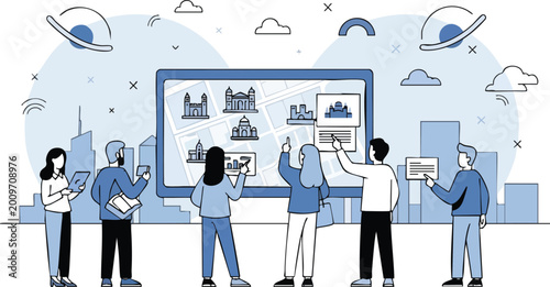 People exploring a digital interactive city map on a large screen