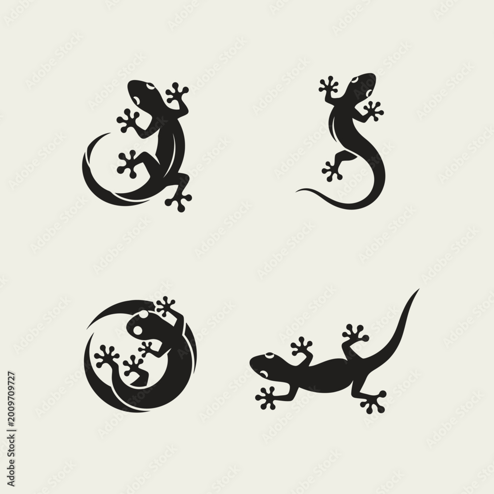 Fototapeta premium Lizard Silhouettes Collection: Four Gecko Icons on Textured Background