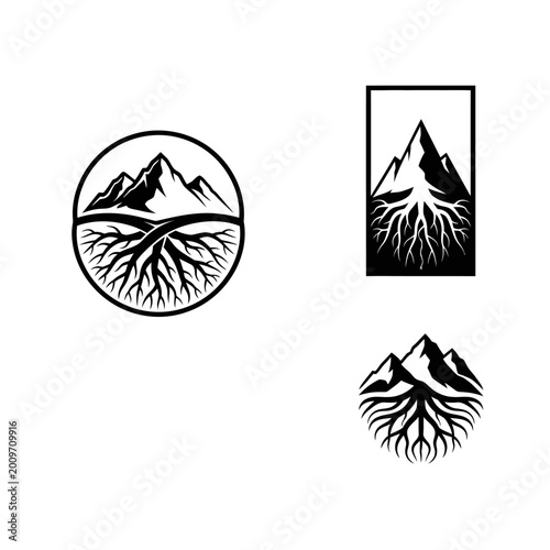 Mountain Roots Logo Set: Circular, Rectangular, and Hexagonal Designs