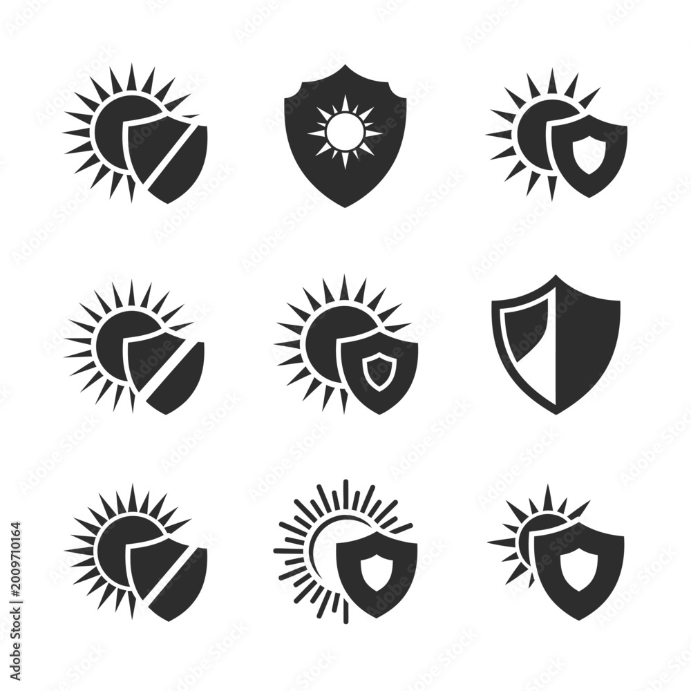 Fototapeta premium Sun Shield Icons: Protection Against UV Rays, Weather, and Sunburn - Set of 9