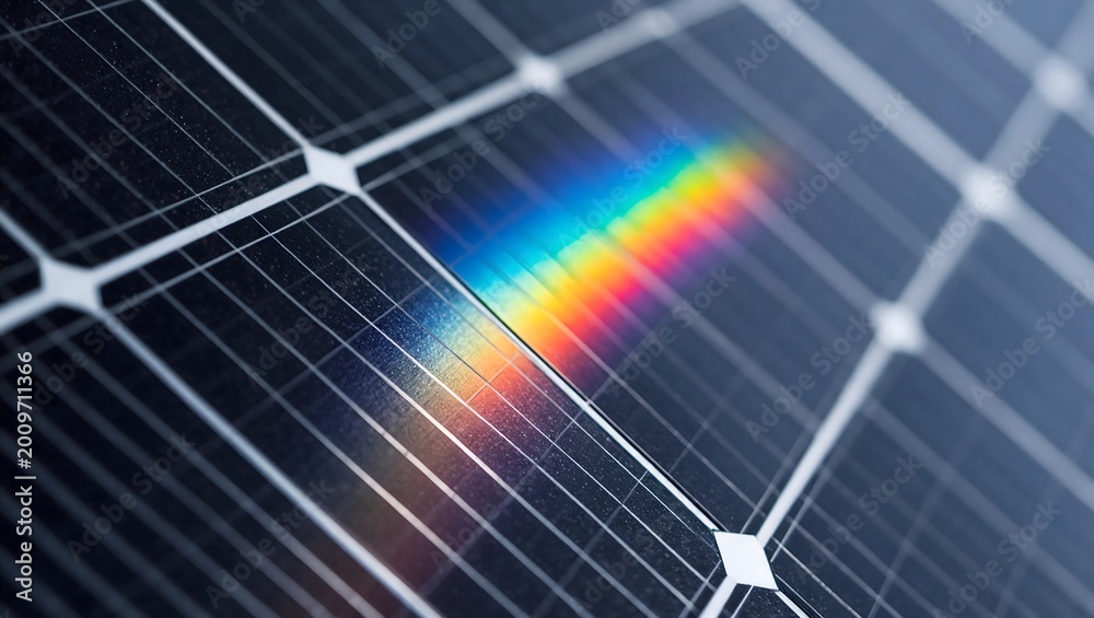 Obraz premium Closeup of solar panel with rainbow light reflection on photovoltaic cells renewable energy technology