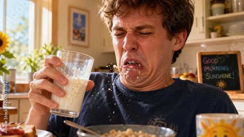 Disgusted man spitting out bad spoiled milk.