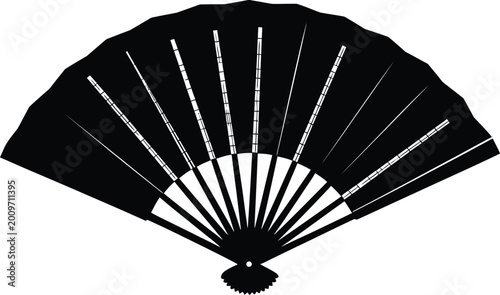 Traditional Japanese folding hand fan made of black paper and bamboo wood isolated on a white background as an oriental decorative souvenir object