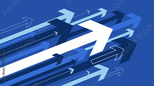 Arrows move forward in different directions on a blue background.