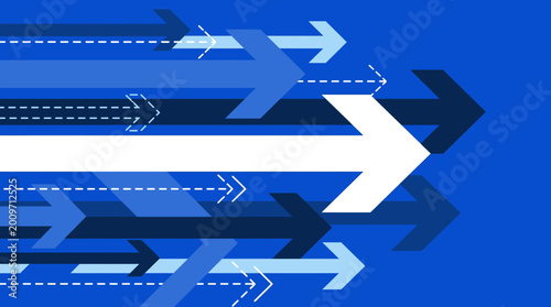 Multiple arrows point to the right on a blue background with white space