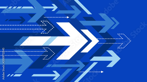 Blue arrows move forward in various directions on a blue background