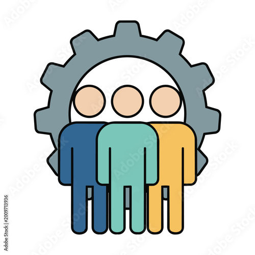 Three gender neutral figures standing in front of a mechanical gear icon representing unity and collaboration in a flat minimalist design business teamwork concept