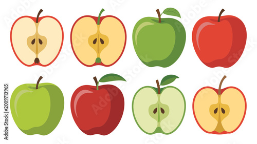 Apple Fruit Vector Set Red, Green and Yellow Apples Whole, Halved and Sliced