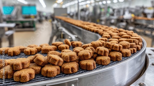 Manufacturing Process of Pet Treats on Conveyor Belt in Food Production Facility