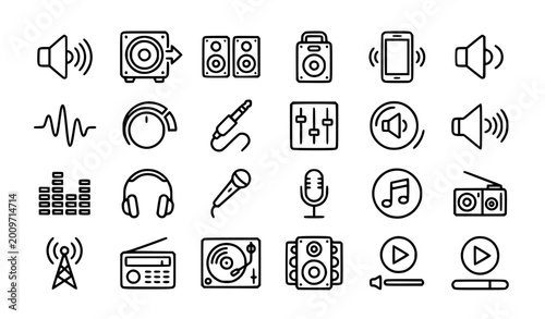 Photos Speaker icons set vector monochrome line art audio sound system loudspeaker illu