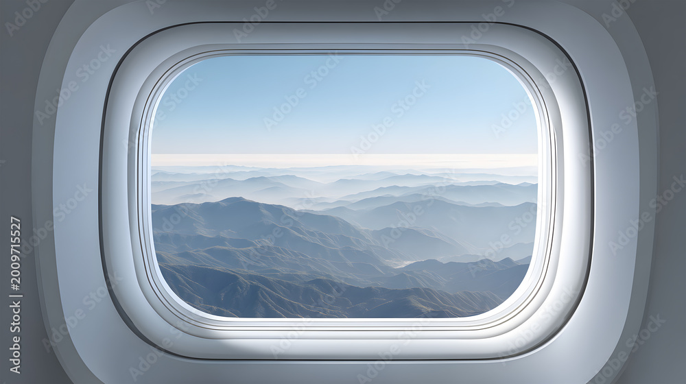 Naklejka premium Empty airplane window frame with transparent background, perfect for showcasing landscapes or adding a travel touch to design 