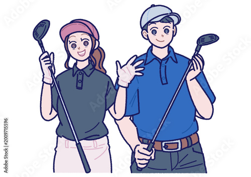 ゴルフクラブを持った笑顔の男女のイラスト