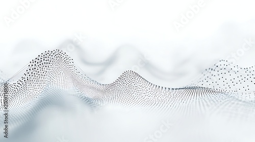 A futuristic network of interconnected dots and lines forming a wave pattern on a white background