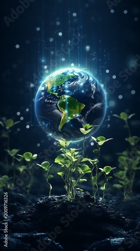 A glowing blue and green earth surrounded by young plants growing out of dark soil