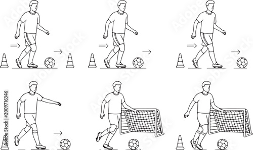 Obraz na plátne Soccer player dribbling ball through cones and net