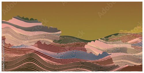 Фотография Abstract Landscape Illustration with Wave Patterns and Clouds