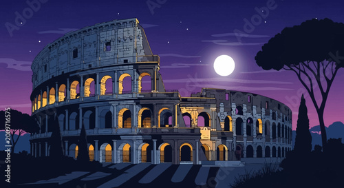 Bild auf Leinwand Colosseum Rome Italy at night with full moon illustration