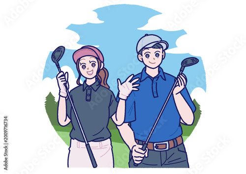 ゴルフ場でゴルフを楽しむ笑顔の男女のイラスト