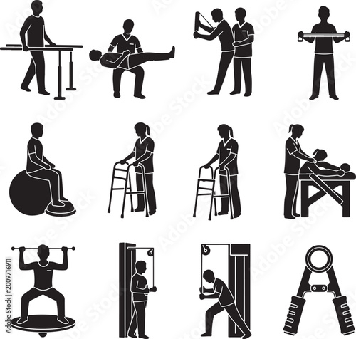 Physical therapy icons set, medical rehabilitation silhouettes, physiotherapy exercise vector elements, patient recovery and disability support graphics