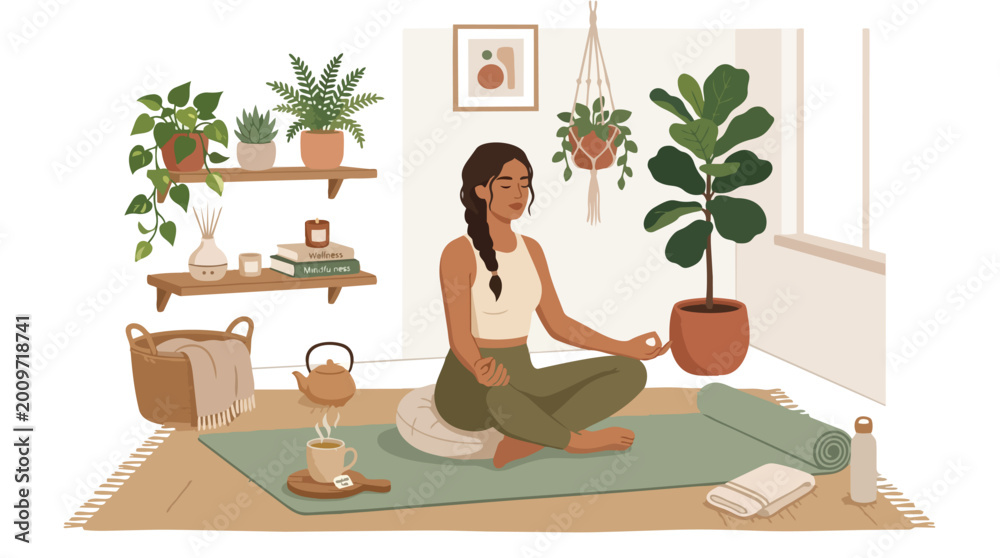 Obraz premium Peaceful Self Care Routine Illustration Woman Meditating with Plants and Tea 2d Vector Graphic