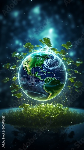 Beautiful Earth globe covered in lush green elements and glowing connections symbolizing a vibrant sustainable future
