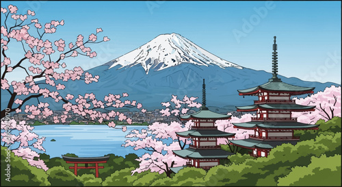 Mount Fuji Japan landscape with cherry blossoms and pagoda