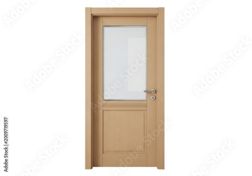 Elegant light wood interior door with glass panel and brass hardware isolated on white background