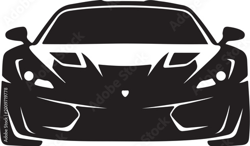 Black sports car, vector car silhouette, front view, racing vehicle, automotive icon