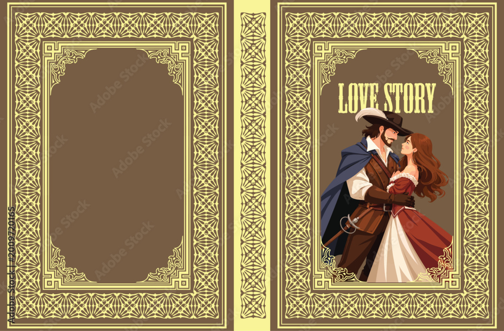 Fototapeta premium 083-10-Illustrated vintage book cover featuring an embracing couple in historical clothing with decorative frames