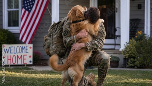 Returning soldier kneeling and hugging excited golden retriever dog outdoors.