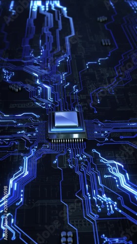 Electronic board Digital Data moving Computer AI chip CPU Circuit Board Glowing blue futuristic microchip circuit board pathways data flow nodes high-tech digital processing Artificial intelligence AI