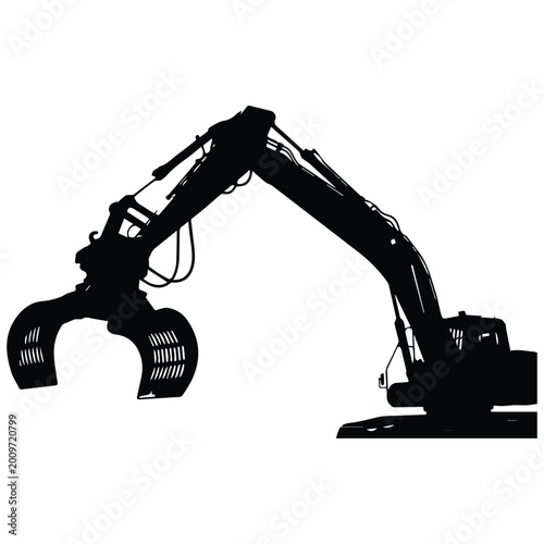 Bilde på lerret Heavy excavator with grapple attachment silhouette icon for demolition