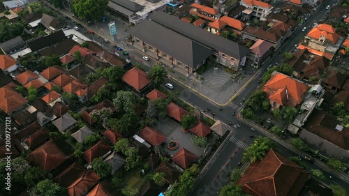 Aerial view of a main street in tropical town of Ubud. Traditional and cultural center of Bali