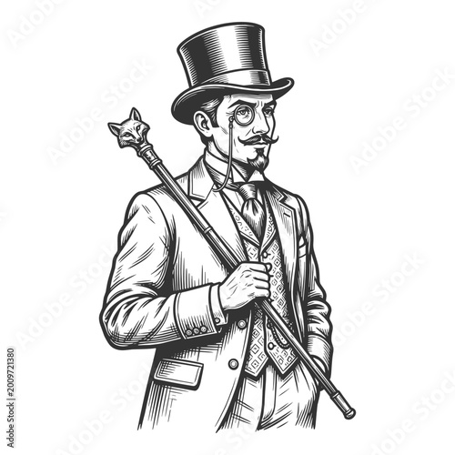 Victorian gentleman with top hat, monocle, and decorative fox cane sketch engraving generative ai fictional character vector illustration. Scratch board imitation. Black and white image.