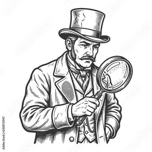 serious Victorian detective examining evidence with a magnifying glass sketch engraving generative ai fictional character vector illustration. Scratch board imitation. Black and white image.