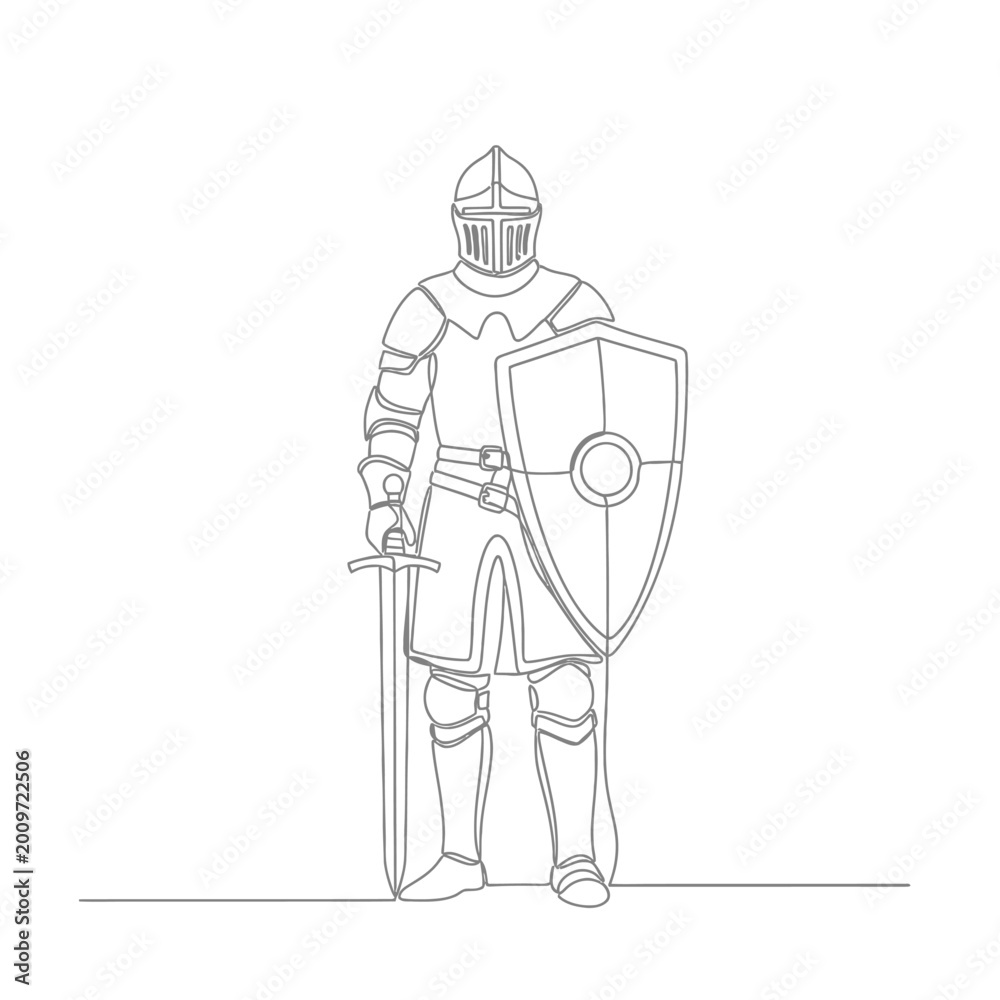 Obraz premium Knight in Full Armor with Sword and Shield, Medieval Warrior, Historical Illustration