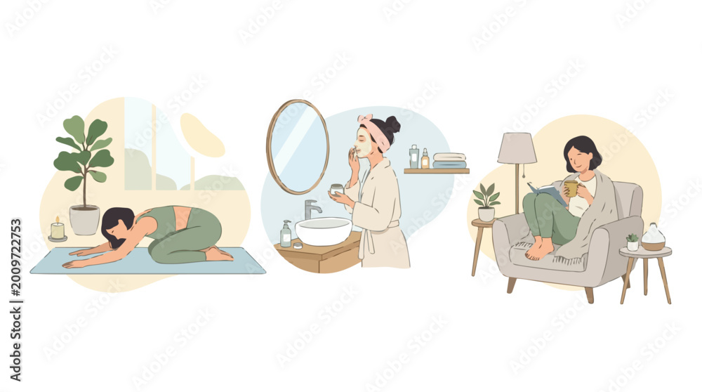 Fototapeta premium Self Care Routine Illustration Set 2d Vector Wellness Activities Yoga Skincare Relaxation Cozy Lifestyle