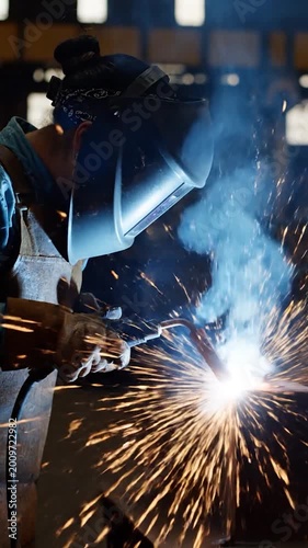 A skilled worker performs welding with bright sparks flying in a workshop